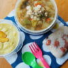 野菜と鶏挽肉のスープ、安納芋のスープ弁